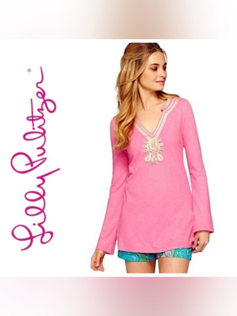 Lilly Pulitzer | Emerson Hotty Pink Gold Applique Long Sleeve Tunic Top XS